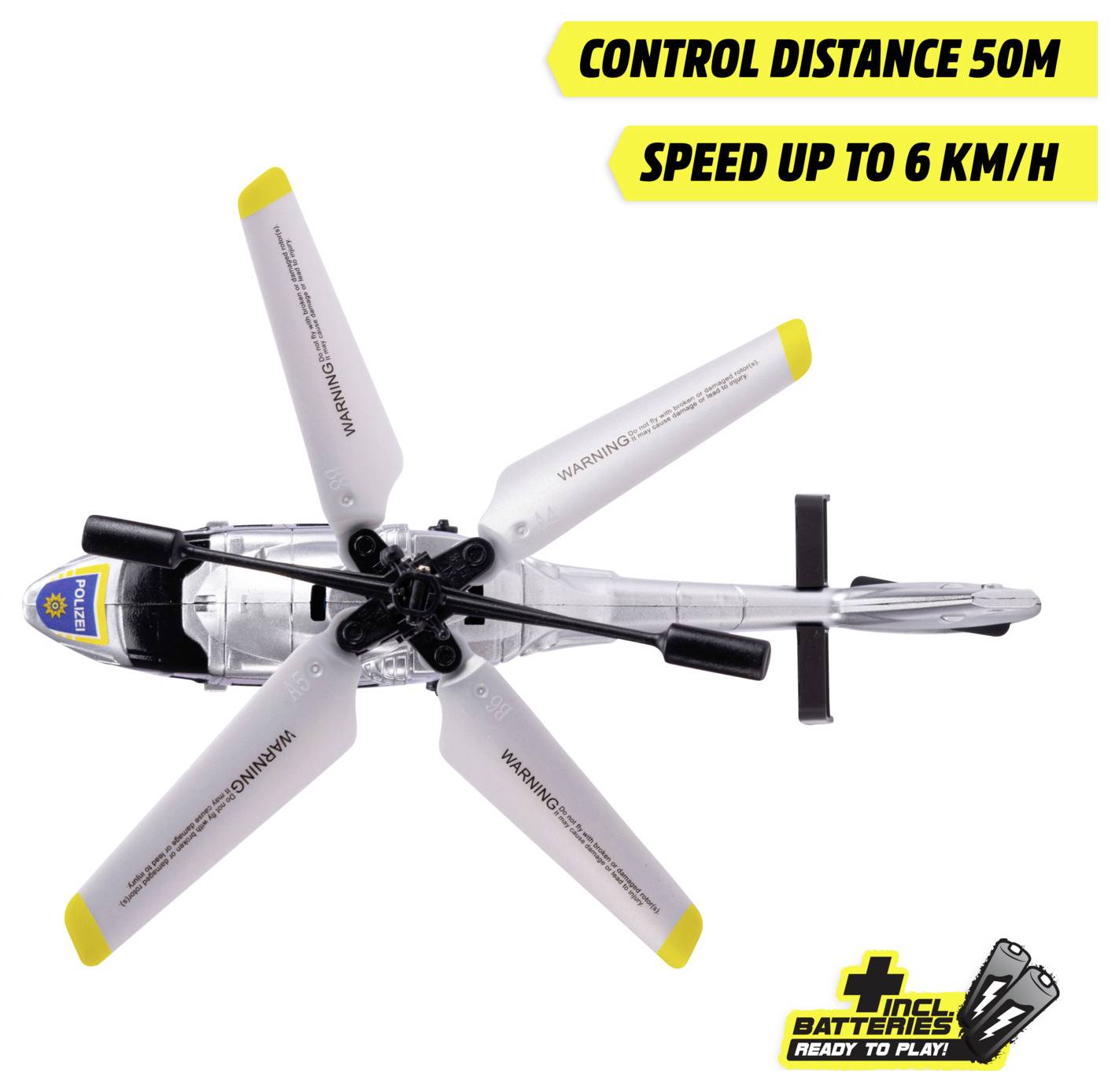 A toy helicopter with yellow accents, labeled 'Control distance 50m' and 'Speed up to 6 km/h'. Text includes 'Incl. batteries, ready to play'.