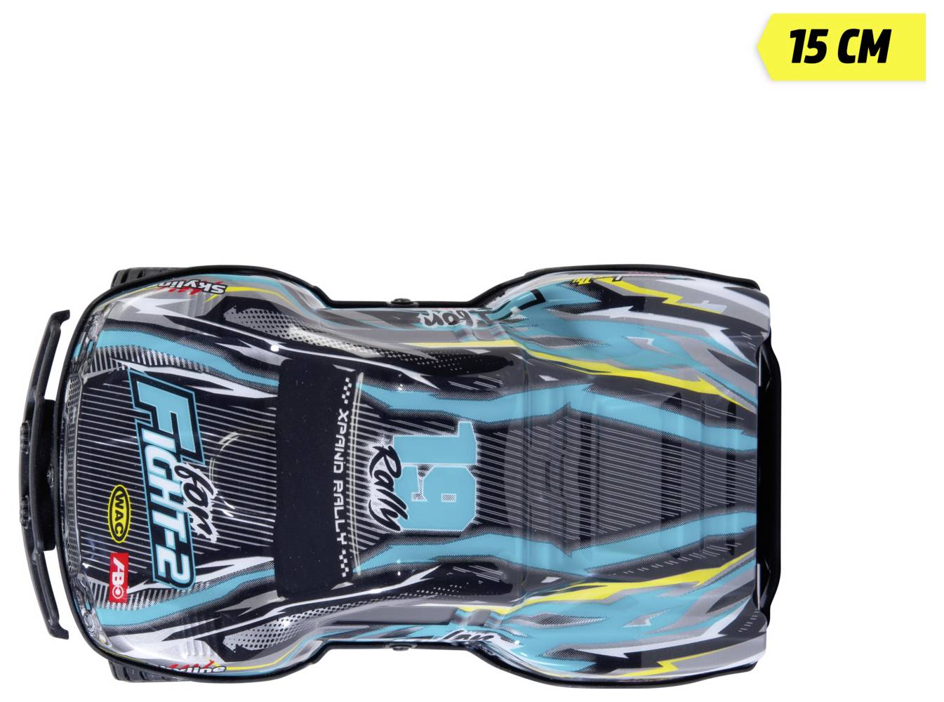 A toy car with a detailed, colorful design featuring the text '1.9 Rally' on its body, and a bright yellow '15 CM' label in the corner.