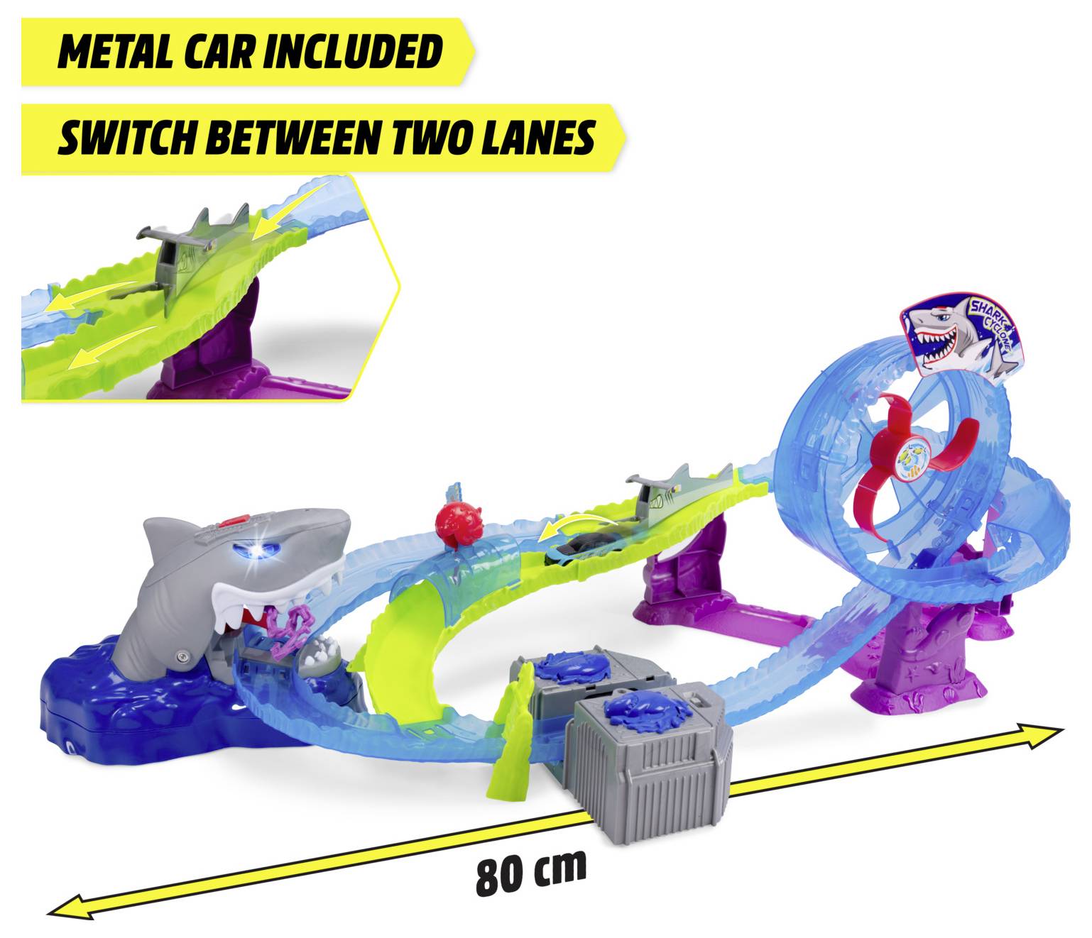 'Shark-themed race track with dual lanes, includes a metal car. Bright colors, track length: 80 cm, features a loop and shark obstacle.'