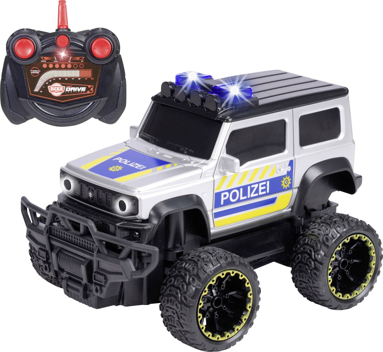 A remote-controlled toy police SUV with large wheels, police decals, and a rooftop siren. The remote is visible with joystick controls.