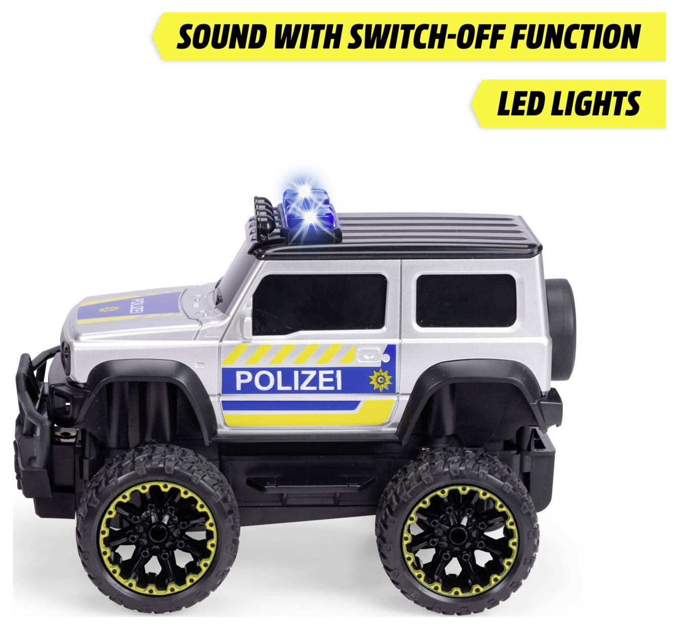 A toy police SUV with large tires, blue LED lights, marked 'POLIZEI'. Text: 'Sound with switch-off function' and 'LED lights'.