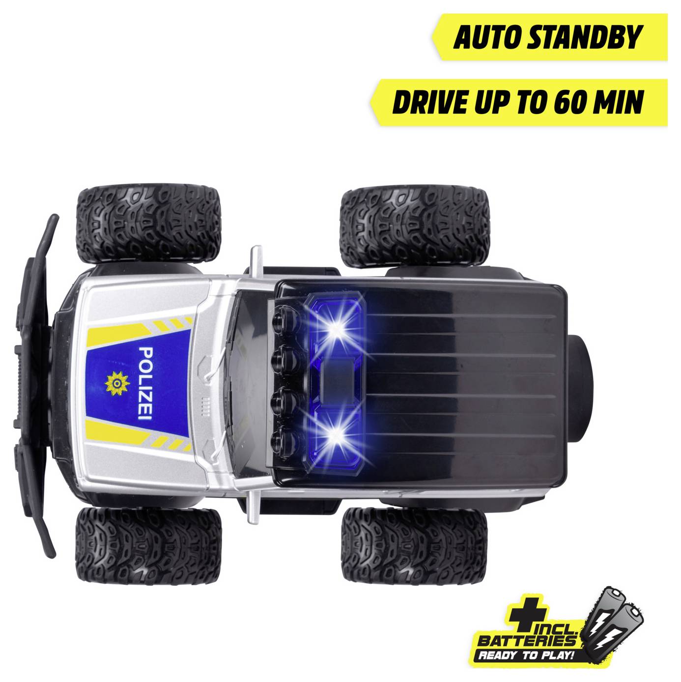 A toy remote-controlled car with 'POLIZEI' on top. Features include 'AUTO STANDBY' and 'DRIVE UP TO 60 MIN'. Comes with batteries.