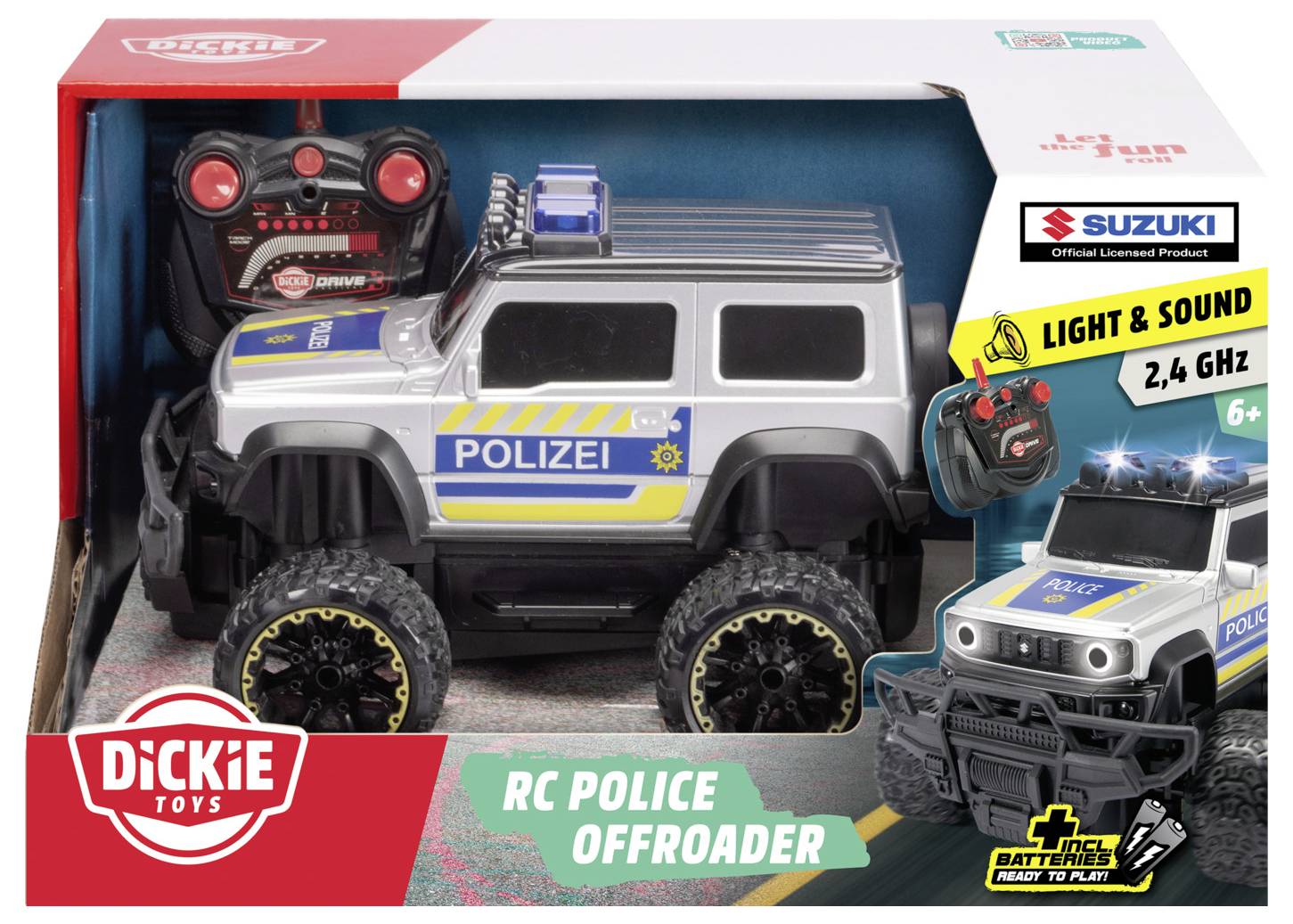 RC police off-roader toy in packaging. Features include light and sound, 2.4 GHz remote control, and Suzuki branding. Suitable for ages 6+.