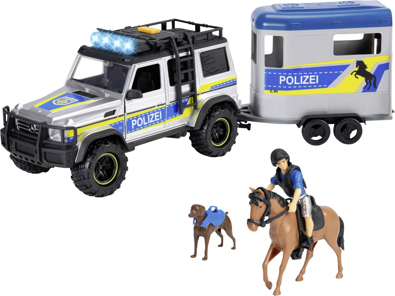 Toy set depicting a police truck with blue and yellow markings, a matching trailer labeled 'Polizei', a dog with a blue pack, and a rider on a brown horse.