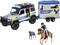 Toy set depicting a police truck with blue and yellow markings, a matching trailer labeled 'Polizei', a dog with a blue pack, and a rider on a brown horse.