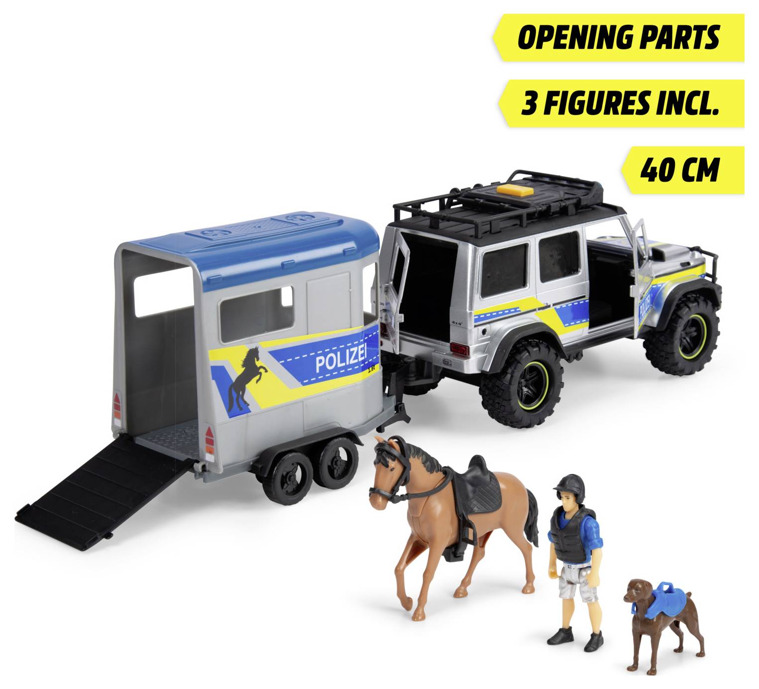 'A police-themed toy set featuring a jeep, horse trailer, and 3 figures: an officer, a horse, and a dog. The jeep measures 40 cm.'