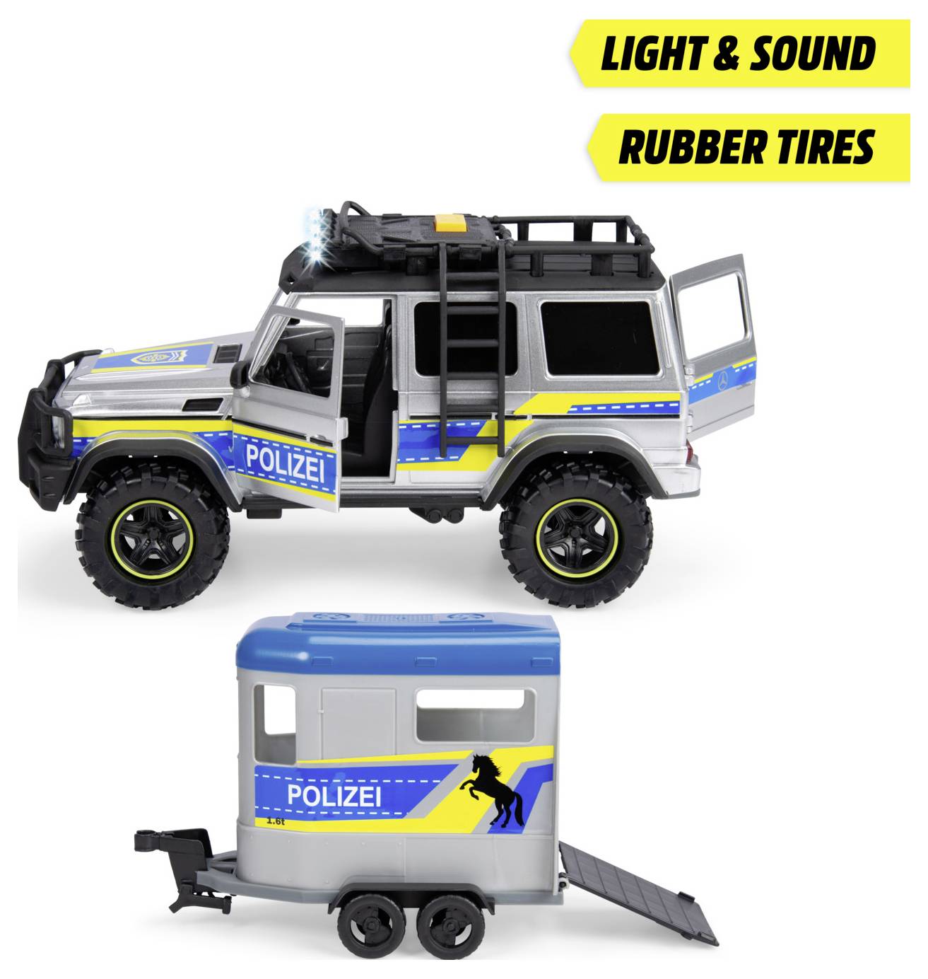 A toy police SUV with 'LIGHT & SOUND' and 'RUBBER TIRES' features, shown with a blue and silver horse trailer labeled 'POLIZEI'.