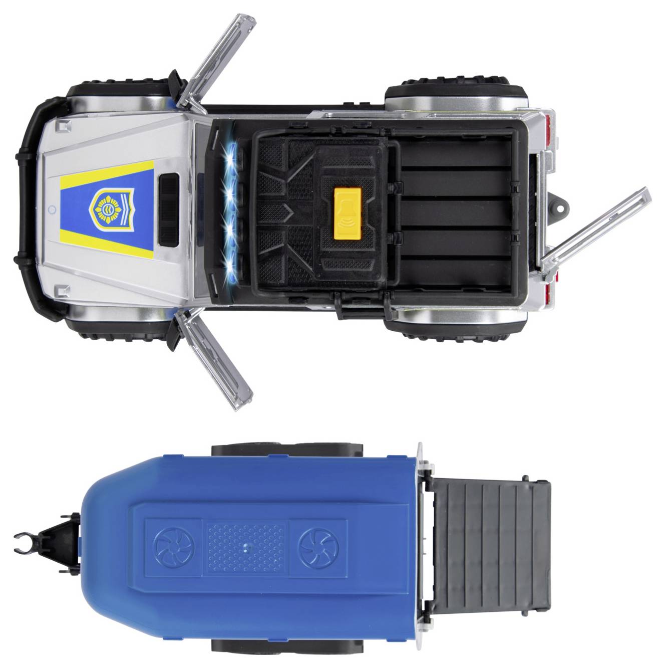 A toy police truck with extended doors and a blue, detachable trailer featuring fans on top, positioned to connect with the truck.
