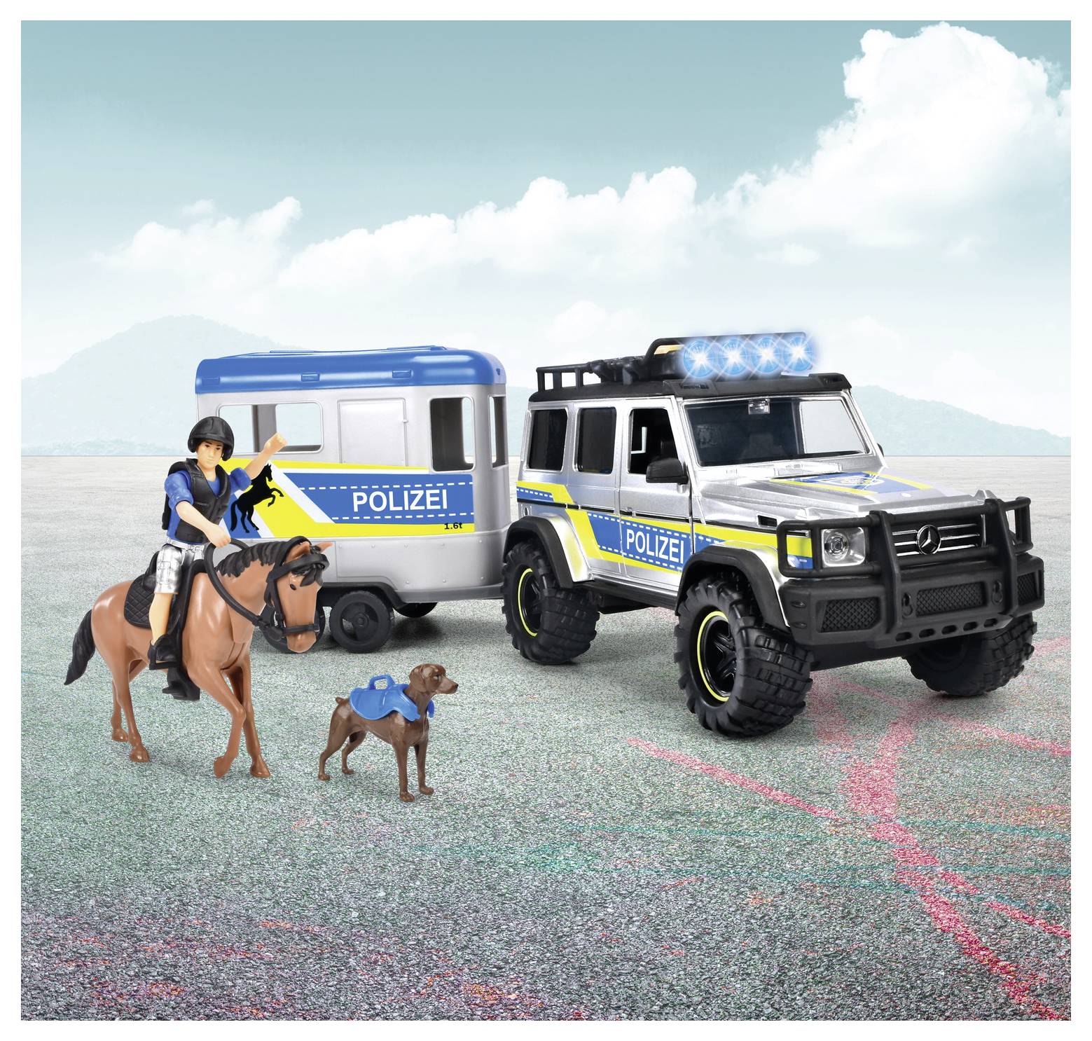 A toy police SUV with flashing lights, a horse trailer labeled 'Polizei', a horseback rider, and a police dog on a large outdoor surface.