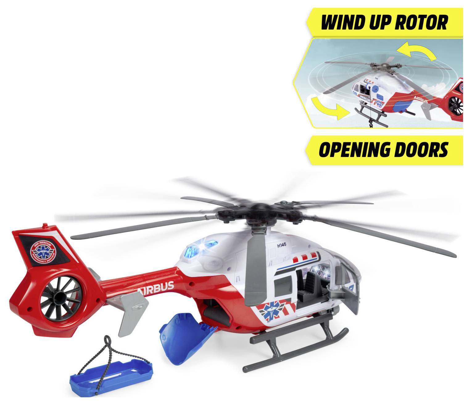 Toy helicopter with wind-up rotor and opening doors. The helicopter is red and white with 'Airbus' branding and medical symbols.