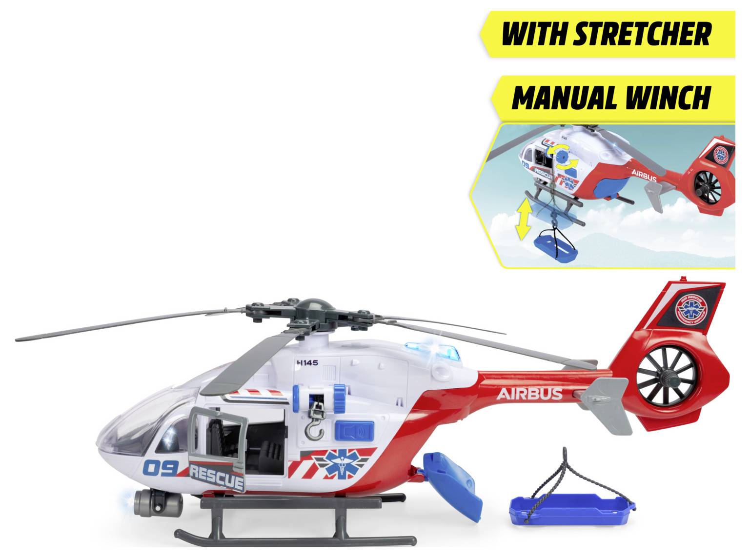 'Model rescue helicopter toy with red and white design, featuring a manual winch and stretcher. Includes branding and decal details.'