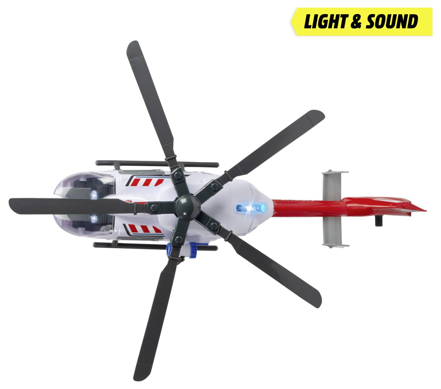 A toy helicopter viewed from above with spinning rotors, featuring light and sound. The helicopter is predominantly white and red.