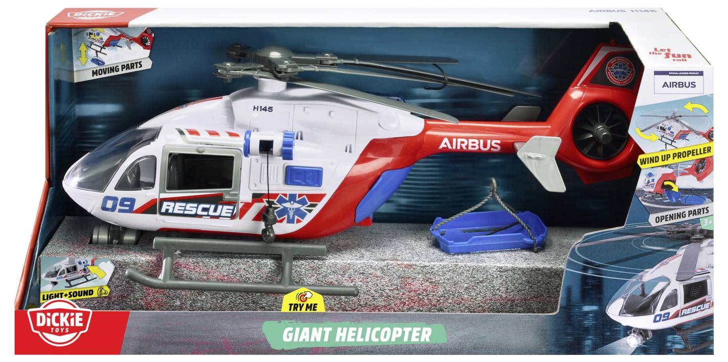 'Giant Helicopter' toy in packaging with 'Airbus' branding, features wind-up propeller, opening parts, lights, and sounds.