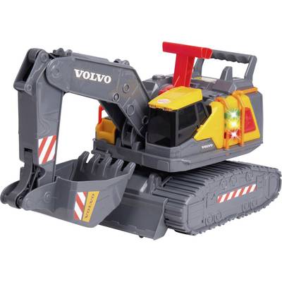 A toy excavator with a grey and orange color scheme, featuring a movable arm and bucket, labeled 'Volvo' on the side.