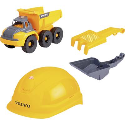 A yellow toy construction set featuring a dump truck, shovel, and helmet.