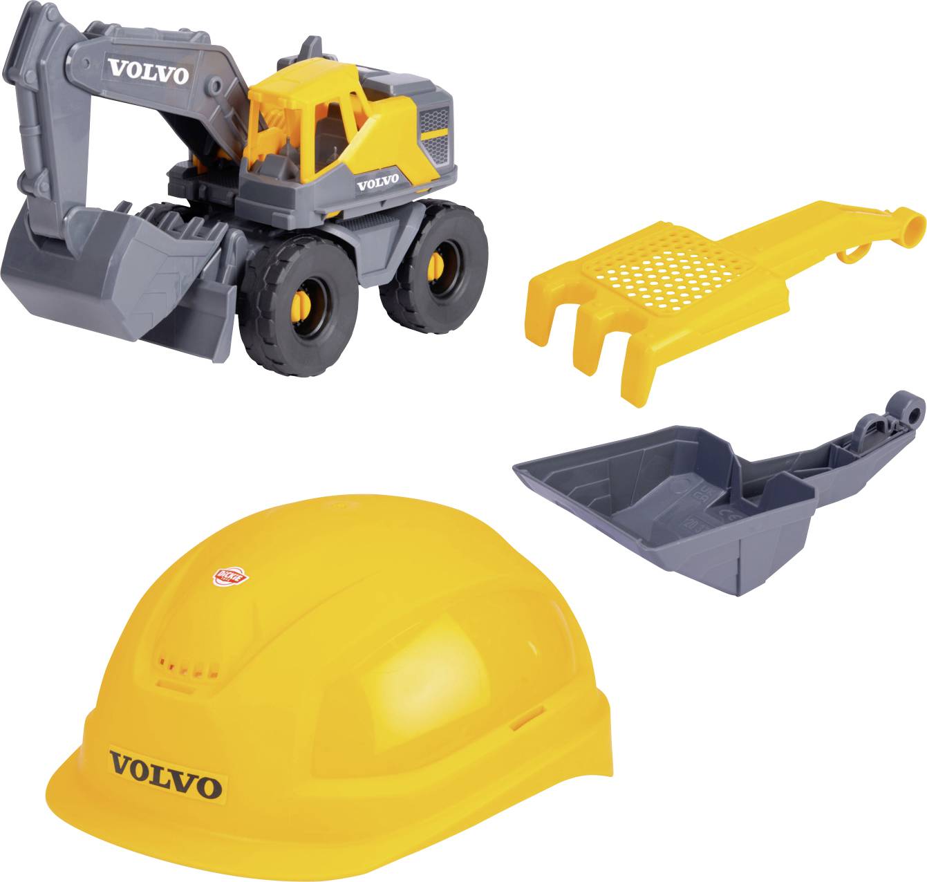 Toy construction set featuring a gray and yellow toy excavator, a yellow helmet labeled 'Volvo', and two interchangeable attachments.
