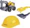 Toy construction set featuring a gray and yellow toy excavator, a yellow helmet labeled 'Volvo', and two interchangeable attachments.