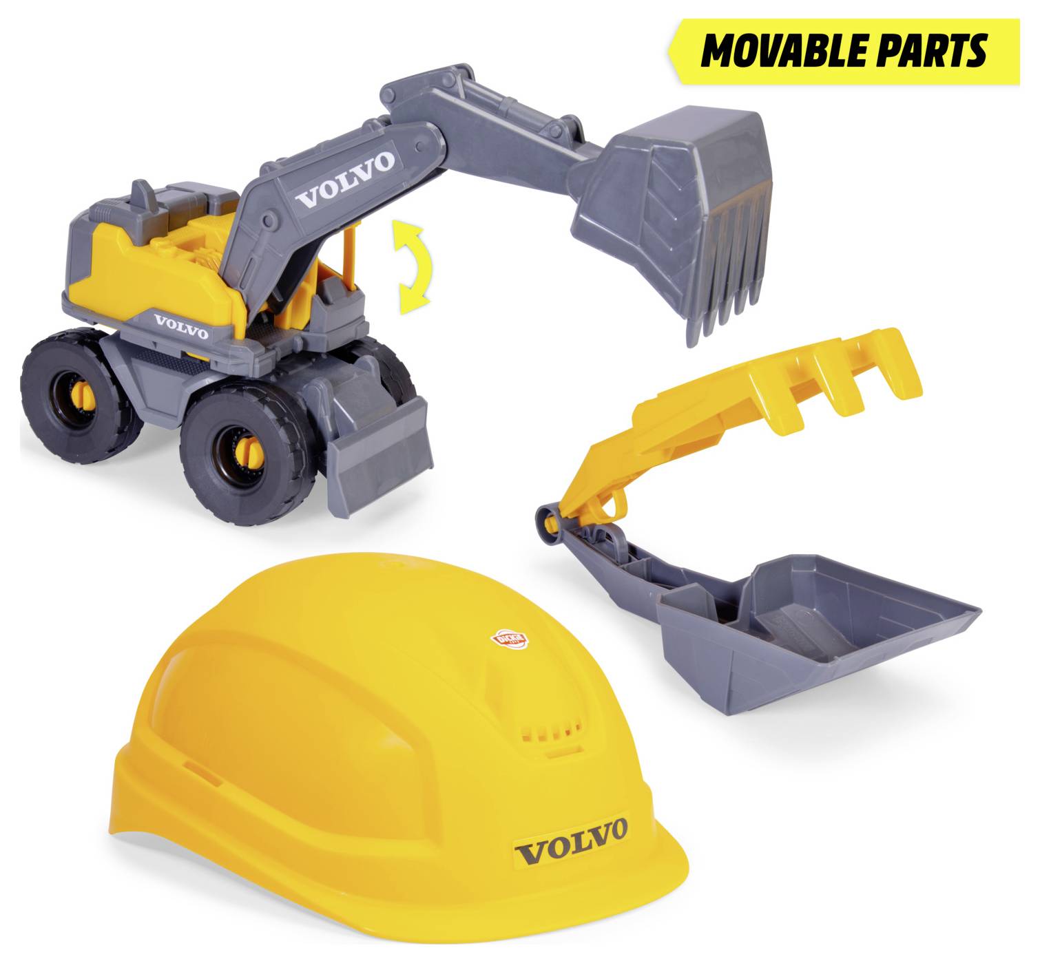 Toy construction set featuring a yellow hard hat and a gray and yellow excavator with movable parts, labeled 'MOVABLE PARTS'.