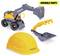 Toy construction set featuring a yellow hard hat and a gray and yellow excavator with movable parts, labeled 'MOVABLE PARTS'.