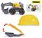'Volvo' toy excavator and yellow toy helmet with turnable arm feature displayed.