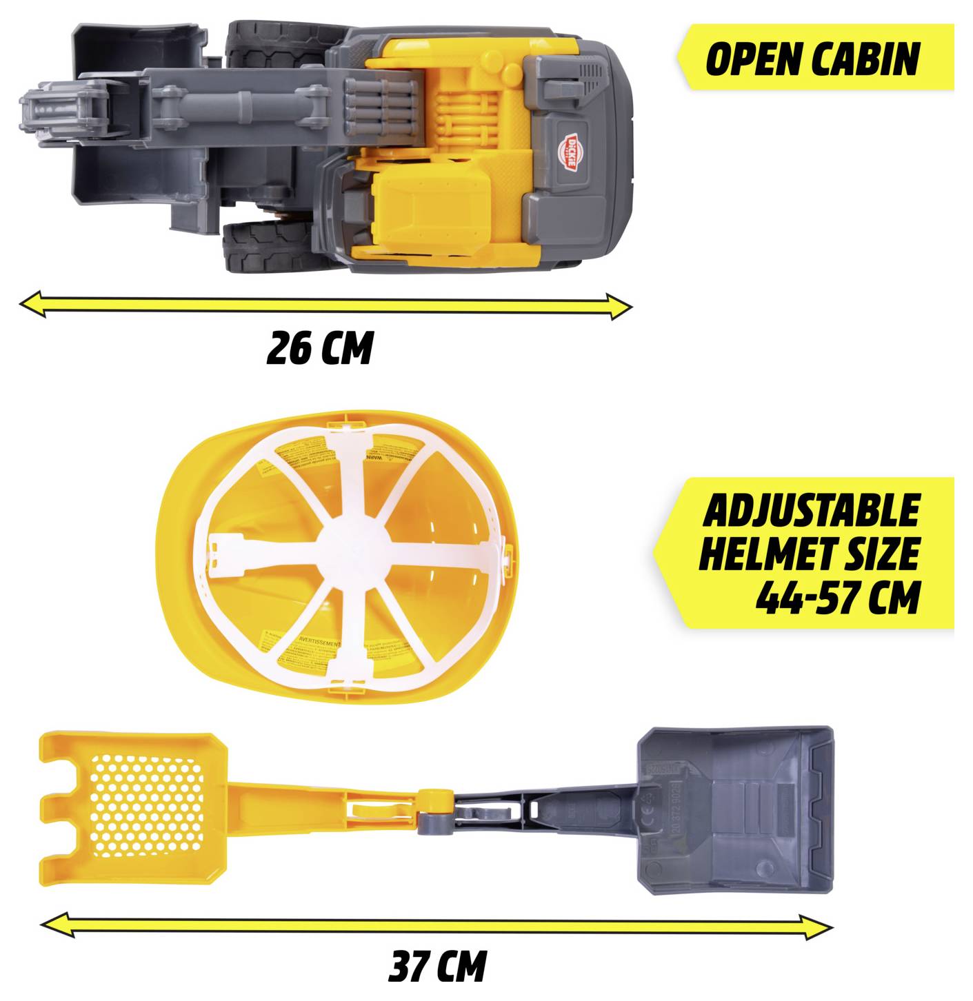 'Construction toy set with open cabin, adjustable helmet size 44-57 cm, toy vehicles measure 26 cm and 37 cm.'