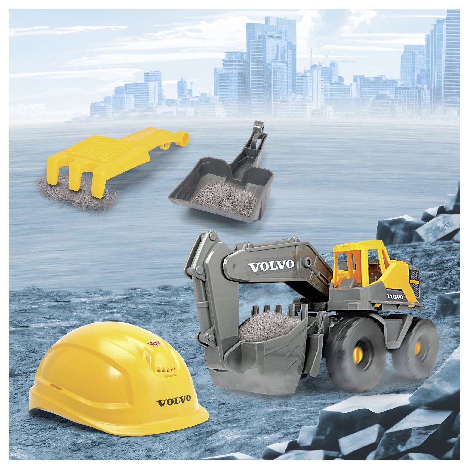 A toy construction set featuring a gray tractor and tools, such as a yellow hard hat, shovel, and rake, against a city skyline backdrop.