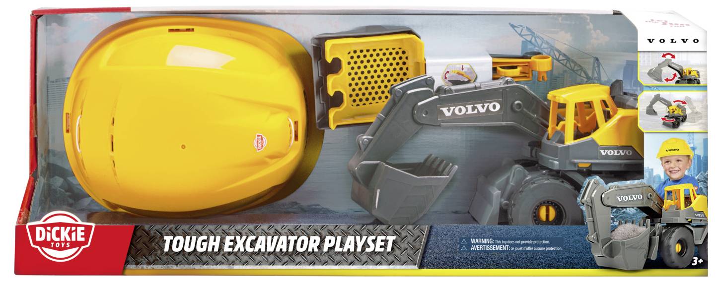 'Tough Excavator Playset' packaging showing a toy construction vehicle with a yellow hard hat and shovel attachment. Box includes branding.