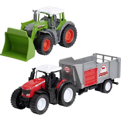 Two toy tractors: a green one with a front loader and an orange one attached to a trailer labeled 'Dickie Farm' with a hay design.