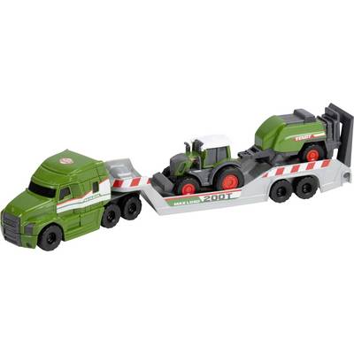 A toy green tractor loaded on a gray and green toy flatbed truck with a 'Max Load 200T' label.