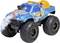A blue toy monster truck with large black tires and an engine on the hood, releasing white smoke at the front.
