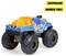 Toy monster truck with large wheels, featuring bright colors, labeled 'Suspension' and 'Rubber Tires'.