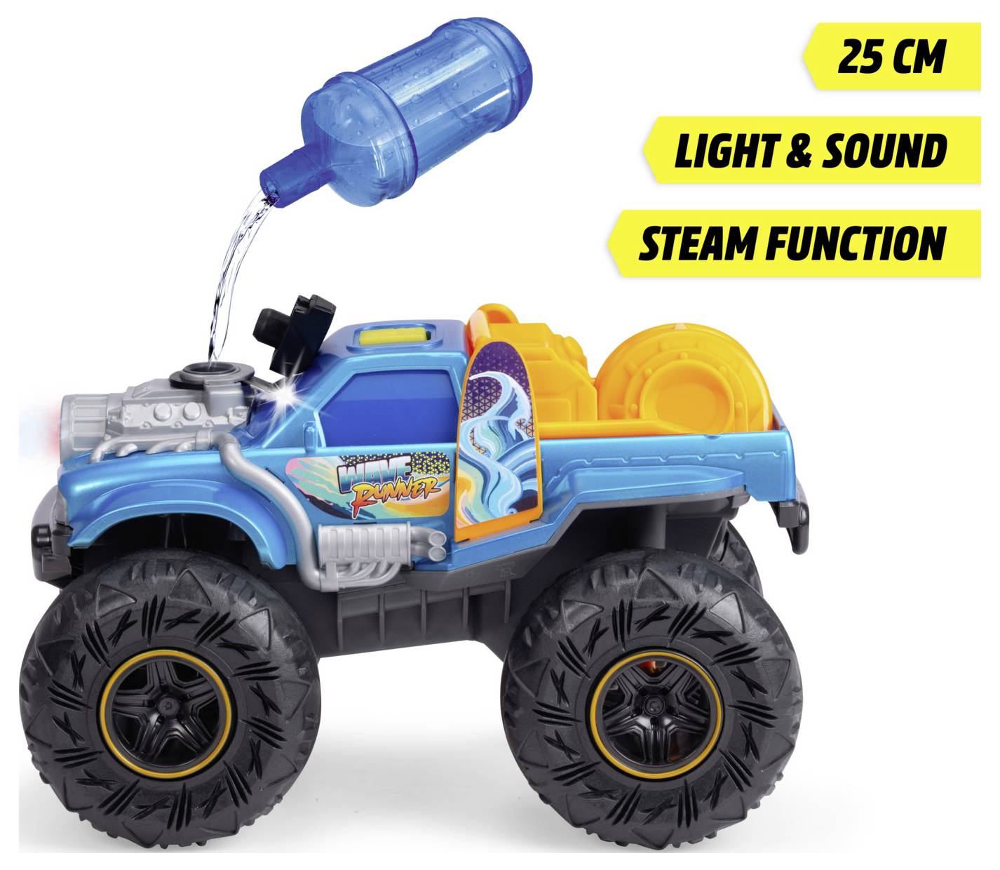 A blue toy monster truck features steam function, measuring 25 cm. It has light and sound effects, depicted with a water bottle pouring on it.