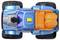 A toy monster truck viewed from above, featuring a metallic blue body, large black tires, and an orange rear cargo area.