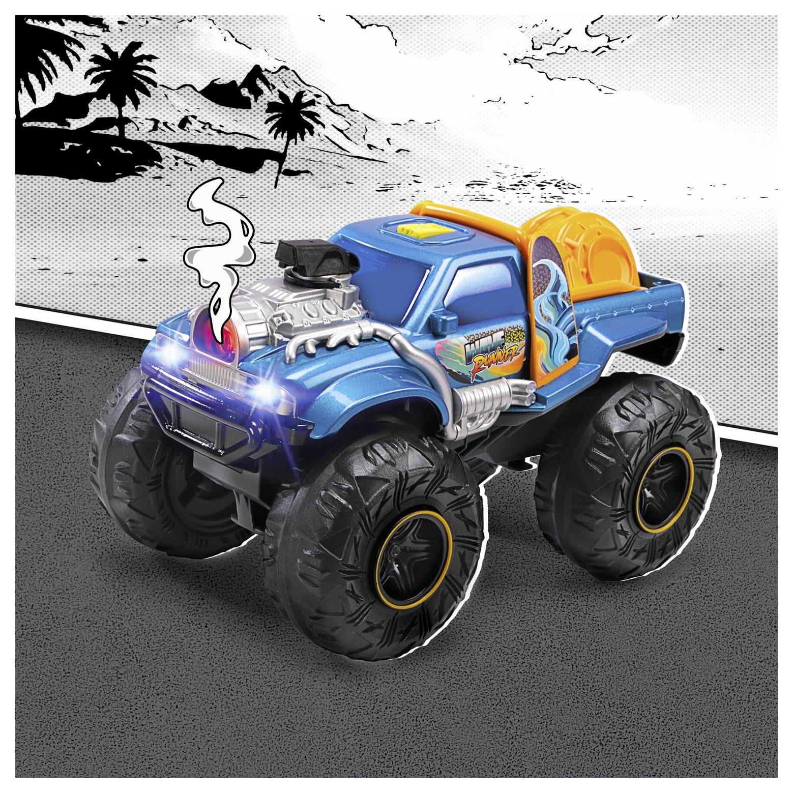 A vibrant blue monster truck toy with large black tires. It features silver engine details, a yellow and orange rear, and emits white smoke.