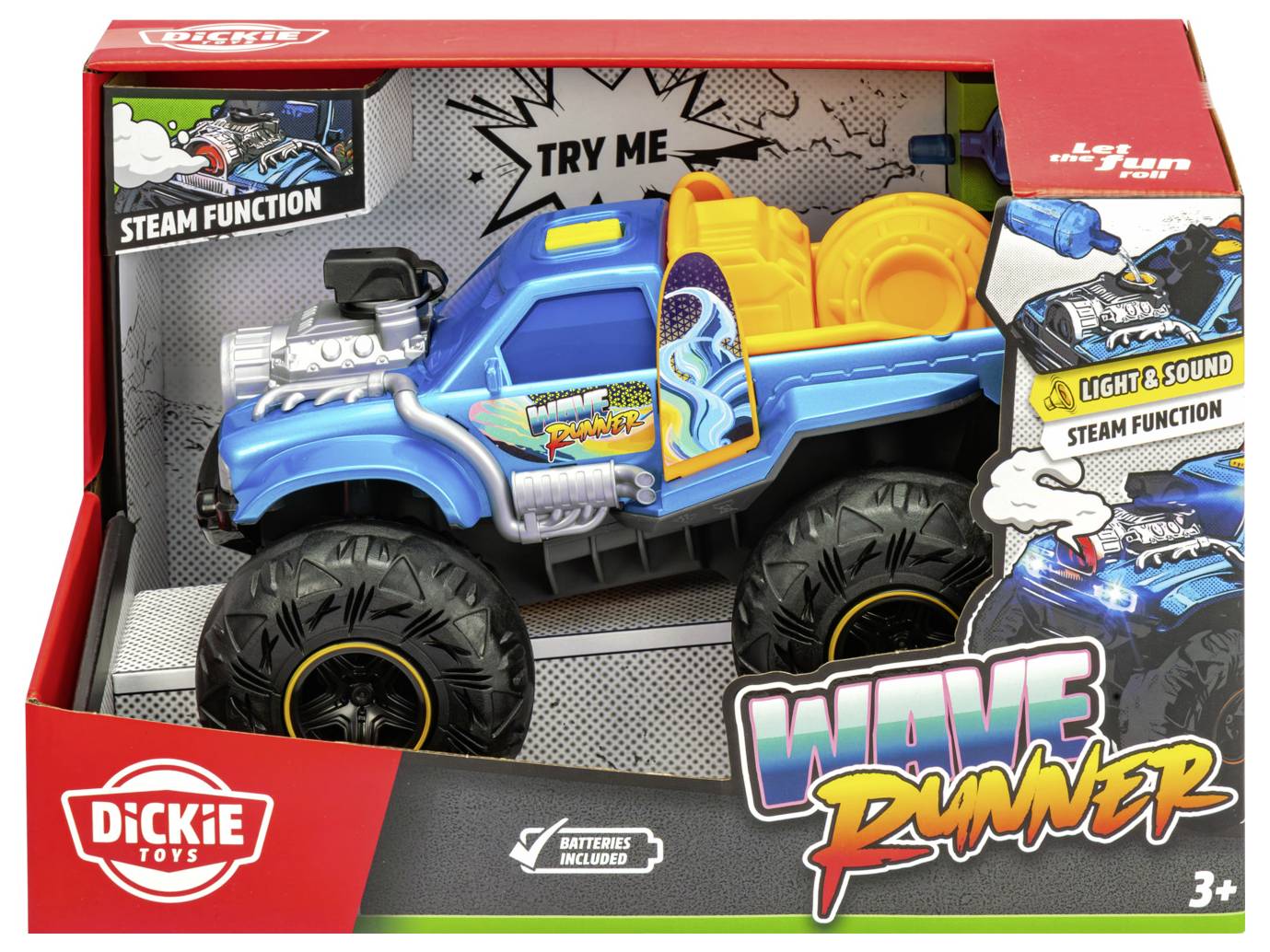 A toy blue monster truck in packaging, featuring 'Wave Runner' branding, steam and light functions, suitable for ages 3 and up.