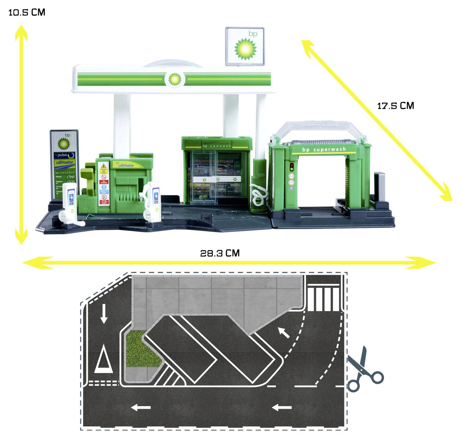 Toy BP gas station set with a BP logo includes fuel pumps, car wash, and a play mat road. Dimensions: 10.5 cm tall, 28.3 cm wide.