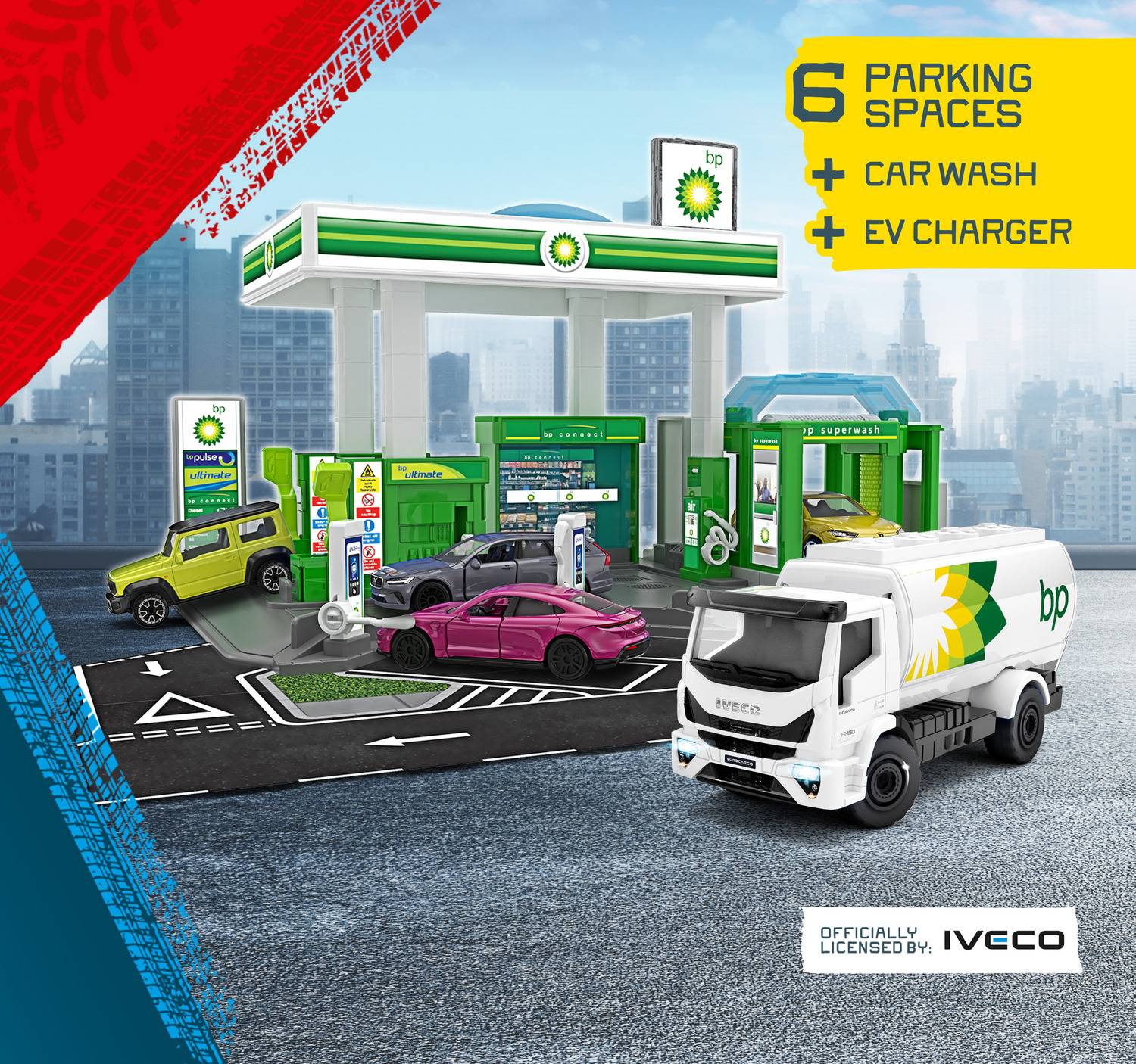 'Model BP gas station with six parking spaces, car wash, and EV charger. Includes toy vehicles. Background shows city skyline.'