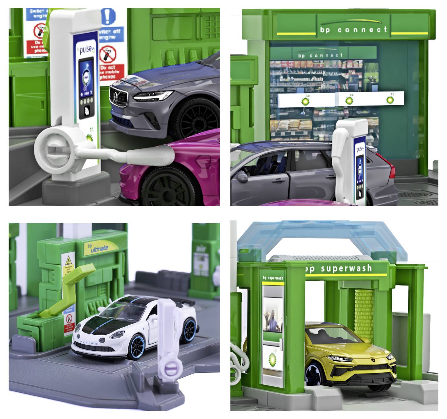 Toy cars at pretend gas station and car wash, featuring green 'bp connect' shop and 'bp superwash' with play fueling pumps.