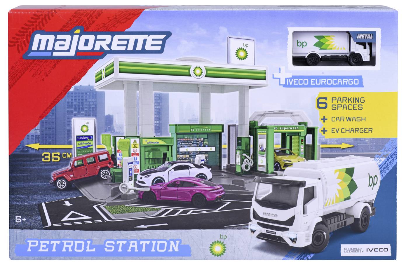 'Majorette Petrol Station Playset' includes a gas station, vehicles, car wash, and EV charger. Features 6 parking spaces for detailed play.
