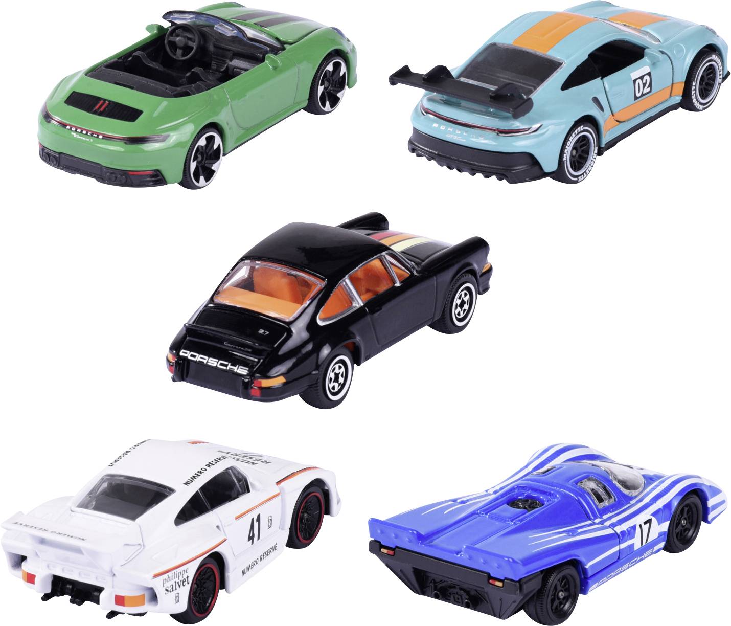 Five toy cars in various colors and models displayed in a grid. Each car has a unique design and number, viewed from above.
