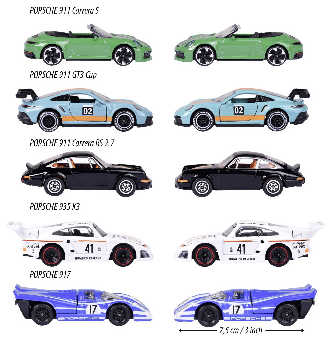 'Toy cars in two rows: green, blue, black, white, and blue with numbers and Porsche models. Displayed with text describing each model.'