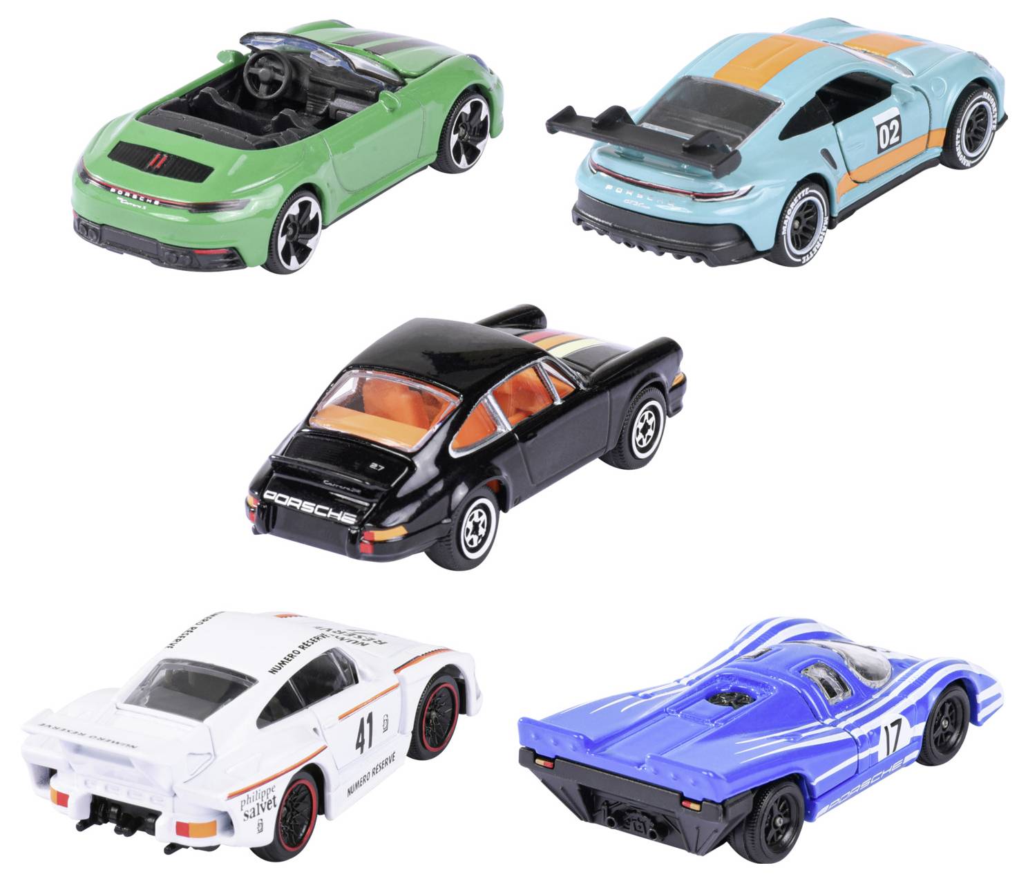 Toy cars of various models and colors, including green, blue, black, and white, arranged in different angles on a plain background.