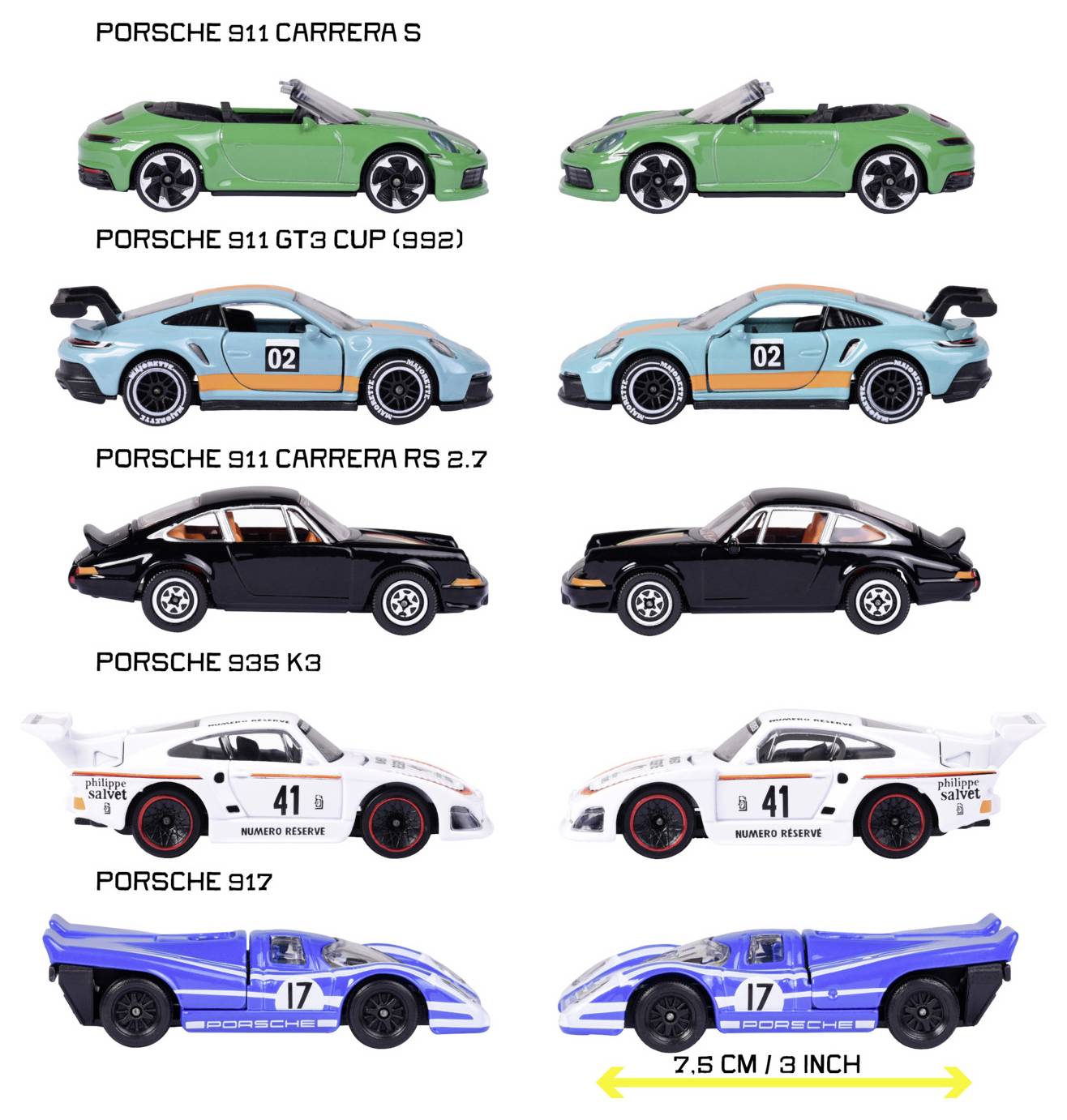 'Toy car models displayed in pairs, showcasing different Porsche models with names and numbers. Bottom shows a size scale of 7.5 cm or 3 inches.'