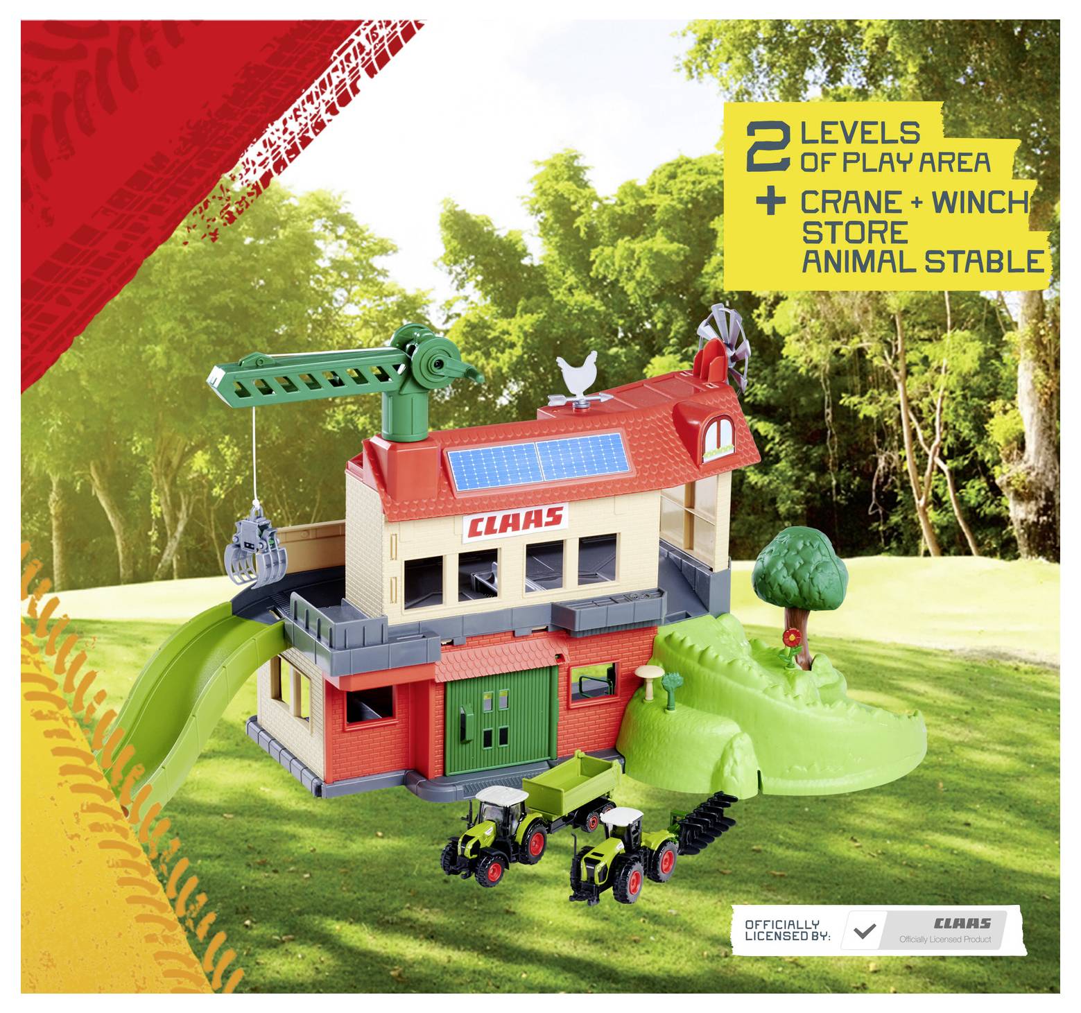A toy model of a colorful building with landscaping features and toy tractors; text reads '2 levels of play area + crane + winch store animal stable.'