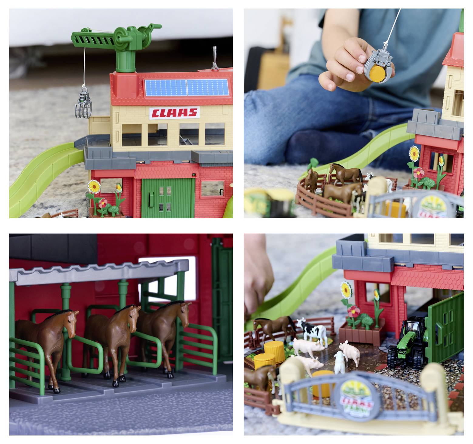A child plays with a toy farm set featuring a building with a crane, a barn with horses, and a tractor with fences and animals.