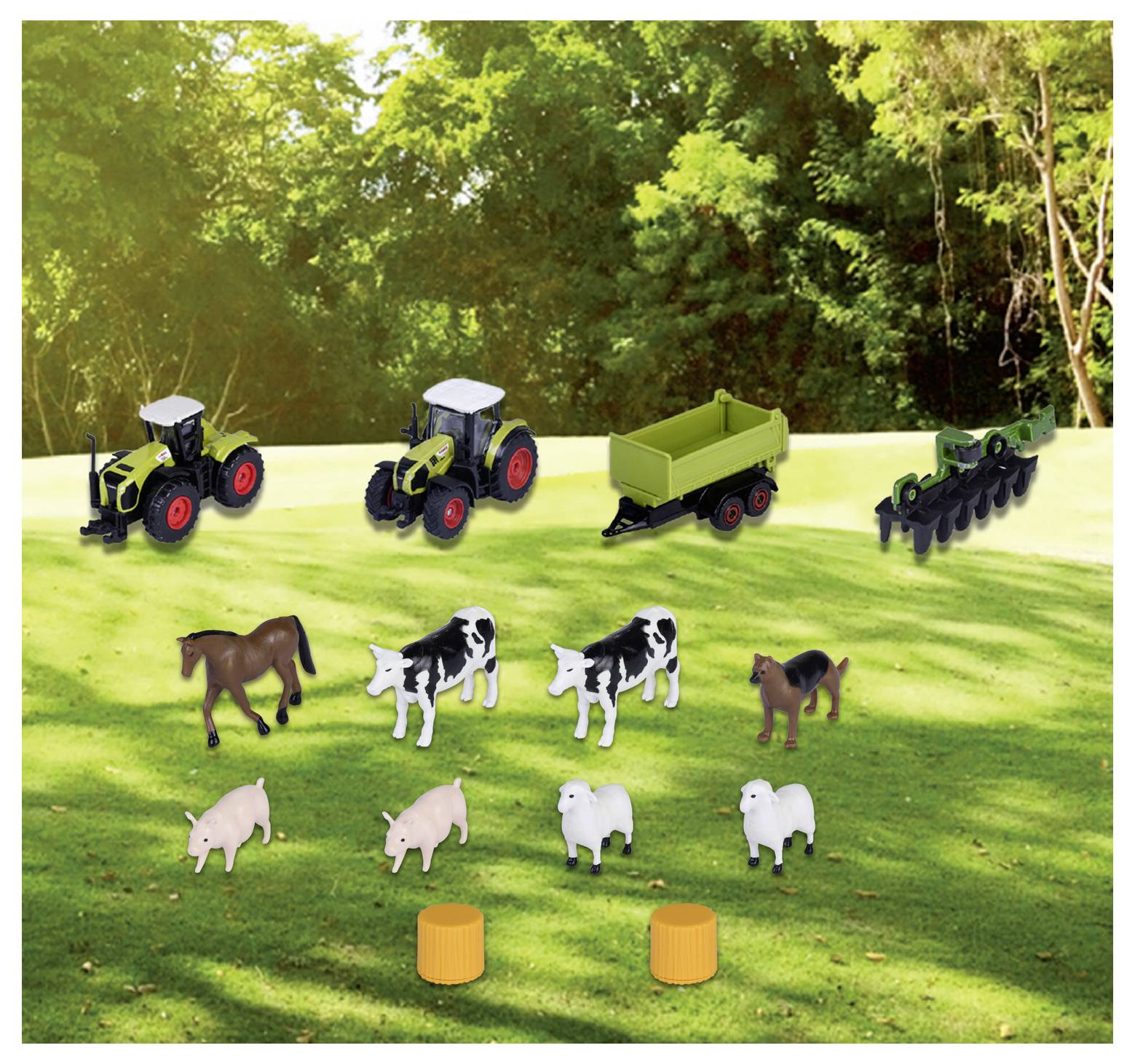 Toy farm scene with green tractors, trailer, plow, and various farm animals like cows, pigs, horses, and sheep on grassy field.