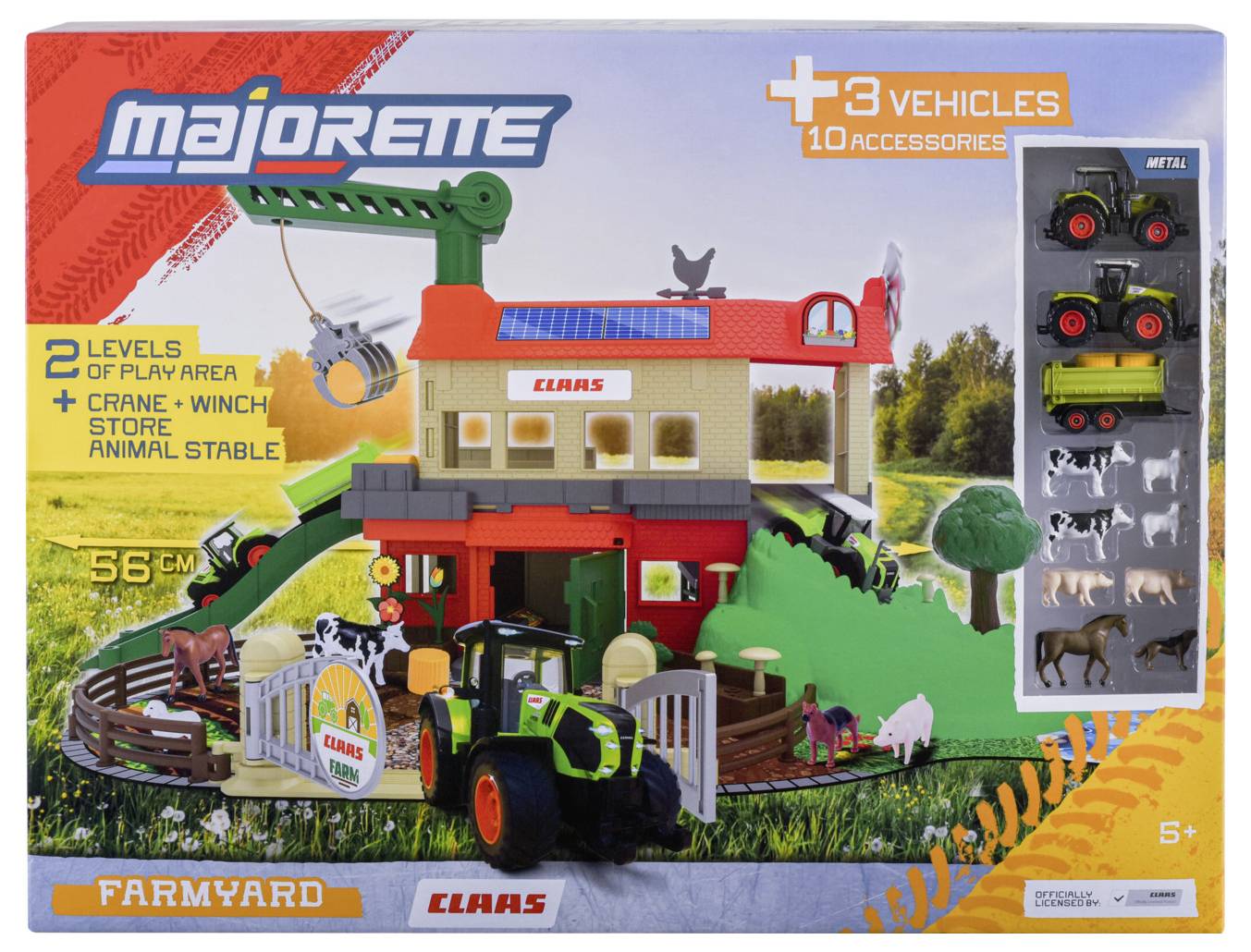 Toy farm playset with a red and beige barn, green tractor, animals, crane, and winch. Includes 3 vehicles, 10 accessories. Suitable for ages 5+.
