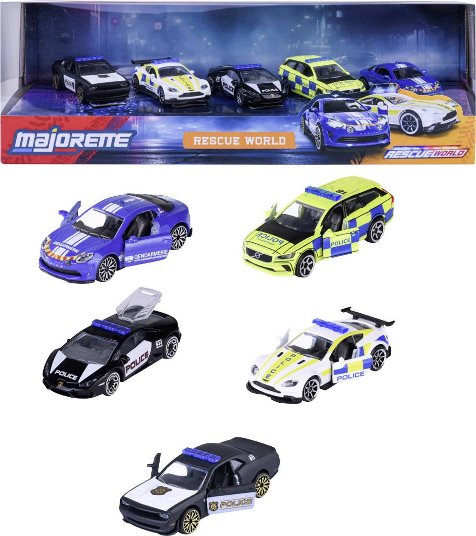 A set of six toy rescue vehicles includes police cars and SUVs in blue and yellow. Packaging reads 'Rescue World' and displays toy brand.