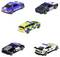 Toy models of five police cars in various colors and designs, showing different views including side and rear.