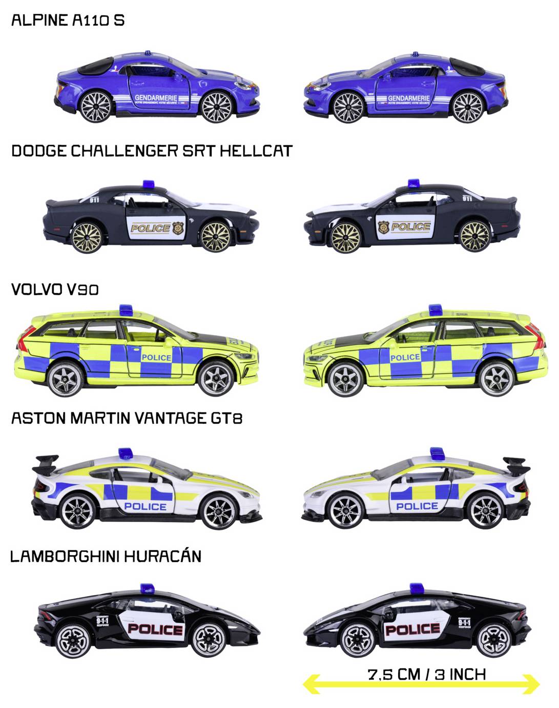 Toy cars in a police livery include models of Alpine A110 S, Dodge Challenger, Volvo V90, Aston Martin Vantage GT8, and Lamborghini Huracán.